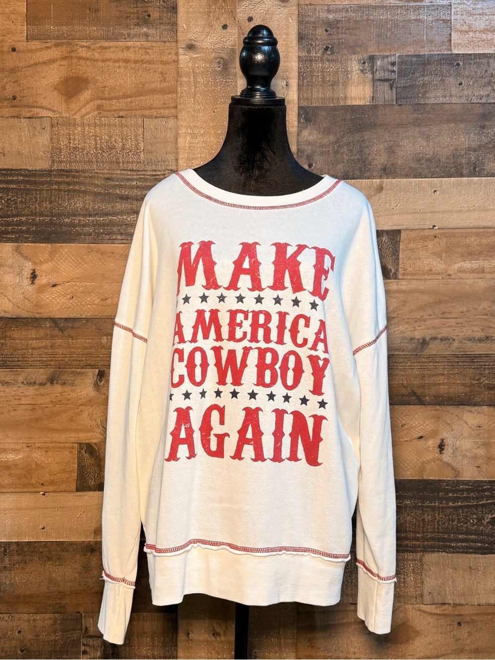 NEW NWOT Boot Barn Women's Red White Blue Long Sleeve Tee Shirt XL Cowboy USA